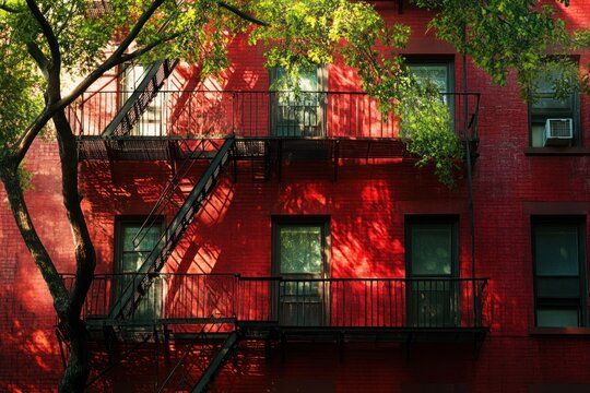 sunlight casts shadows of trees on new york red brick apartment building with fire escape stairs. urban residential architecture in sunny neighborhood. real estate,architectural design