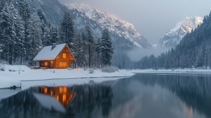 Obraz premium Cozy wooden cabin nestled on snowy lakeshore, reflecting in calm water with majestic mountains in background.