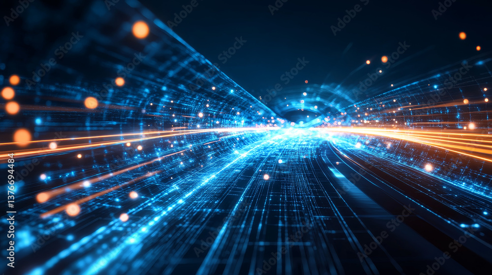 Poster technologies of the future. information funnel. global network. polygonal light grid. 3d portal illu