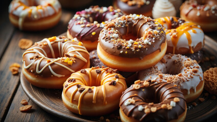 Close-up of assorted gourmet donuts with chocolate caramel and white icing topped with nuts sprinkles and drizzle on rustic wooden platter