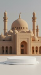 Fototapeta premium Elegant product display podium against a blurred mosque backdrop for presentations
