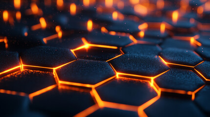 Obraz premium Abstract cyberspace. Information cells. Burning hexagons with flaming edges. 3D illustration of futuristic background