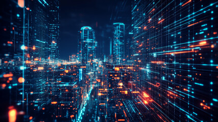 Digital city in space. Computer of future, circuit board and hardware 3d illustration. Wireless internet technologies. Database protection and secure transmission of information on blockchain network