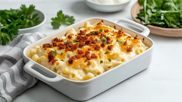 Delicious macaroni and cheese casserole with tasty toppings in a white baking dish on white surface