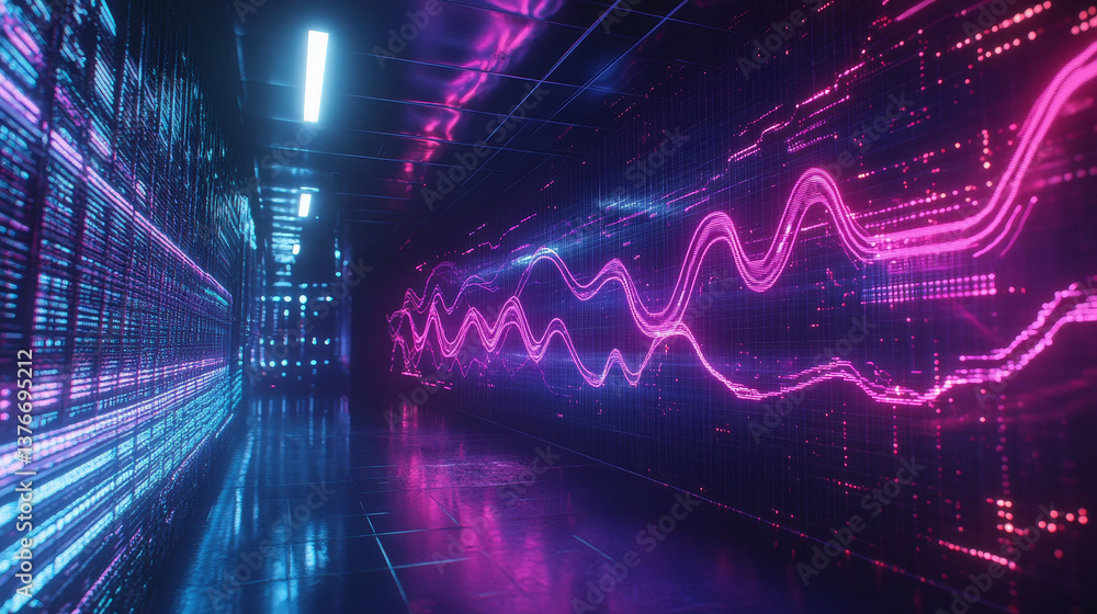 Poster data particles in the information flow of neon strings. 3d illustration of digital sound vibrations