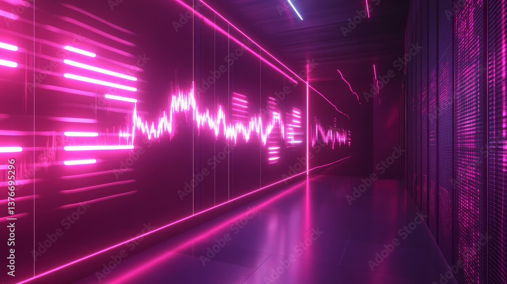 Poster data particles in the information flow of neon strings. 3d illustration of digital sound vibrations