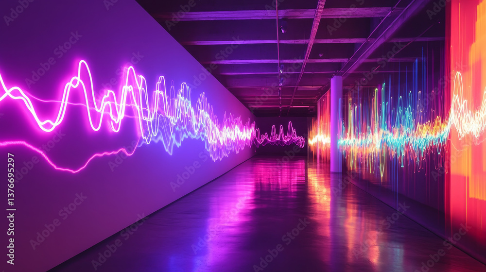 Poster data particles in the information flow of neon strings. 3d illustration of digital sound vibrations