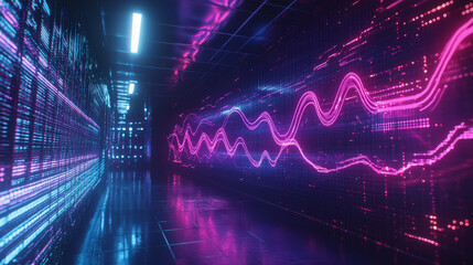 Naklejka premium Data particles in the information flow of neon strings. 3D illustration of digital sound vibrations