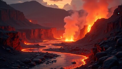 Fototapeta premium A dramatic volcanic eruption with lava flowing down the canyon, illuminating the surroundings in intense red and orange, creating a fiery and powerful landscape. Generative, AI,