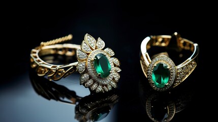 A photo of a gold and emerald jewelry set.