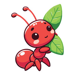 Cute Cartoon Red Ant Holding Green Leaf for Kids