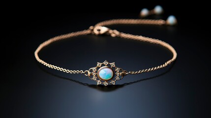 A photo of a gold and opal anklet. ,