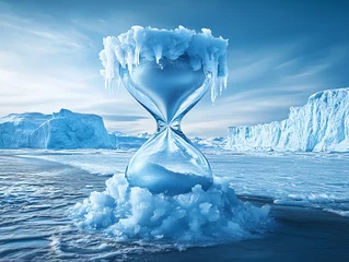Fototapete Rund Crystal hourglass filled with melting ice, surrounded by arctic waters and glaciers under a cold, clear sky. © Roberto
