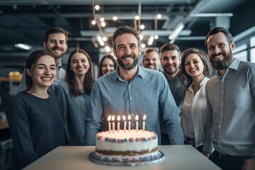 Smiling caucasian adults celebrating birthday in modern office setting
