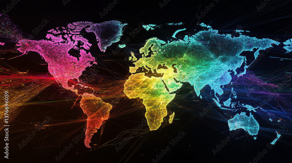 Poster abstract map of continents. globalization and geopolitics in high-tech world of future. 3d illustrat