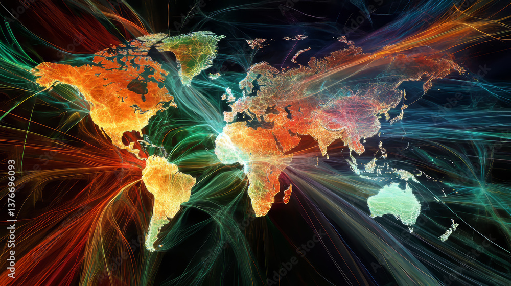 Poster abstract map of continents. globalization and geopolitics in high-tech world of future. 3d illustrat
