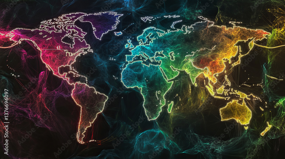 Poster abstract map of continents. globalization and geopolitics in high-tech world of future. 3d illustrat