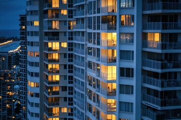 Fototapeta premium High angle view of beachside skyline in solid white high rise apartment buildings with large windows and balconies, gold coast South door on sunset lighting buildings, ocean in distance Generative AI