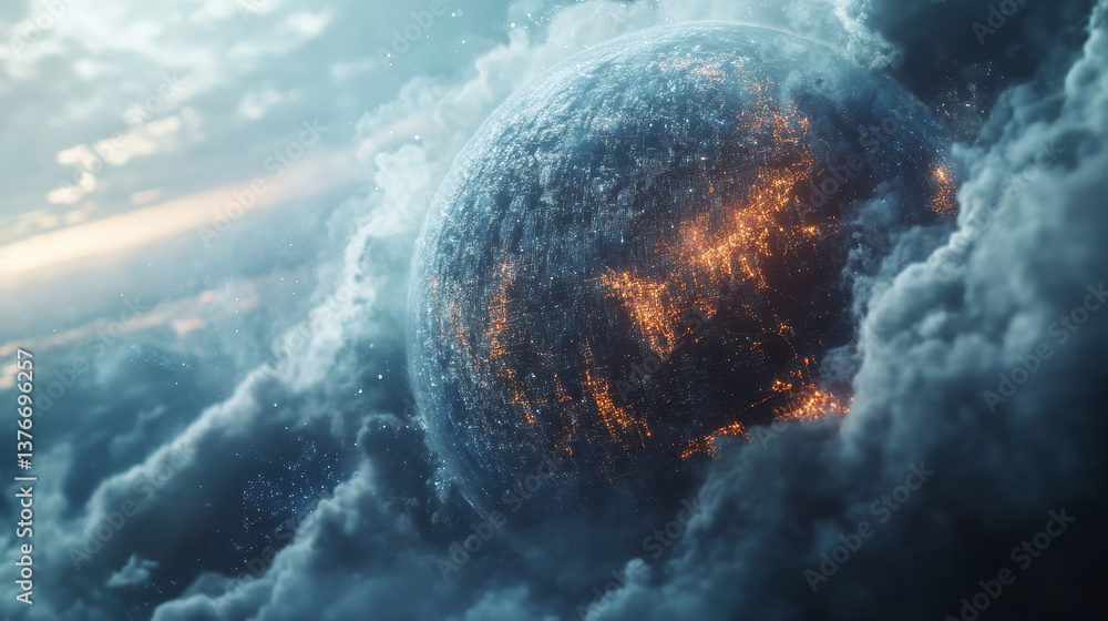 Poster cyber network of planetary communication. orbital digital cloud of the global database. 3d illustrat