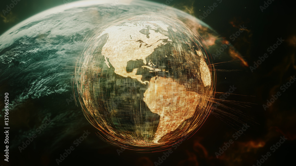 Poster cyber network of planetary communication. orbital digital cloud of the global database. 3d illustrat