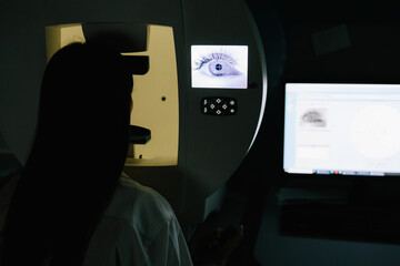 Perimetry eye test for early signs of glaucoma in women at an ophthalmology clinic, measuring full...