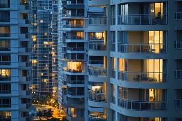 Obraz premium The view from the balcony of an apartment in the Gold Coast, Queensland, featuring high-rise buildings and beachfront scenery at dusk, with lights glowing on multiple floors Generative AI