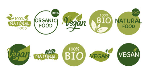 Bio and Vegan food - vector green stickers for products packaging isolated on white.
