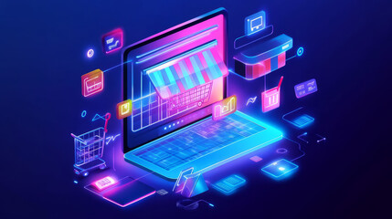 E-commerce, online business. Information flow, stream waves of coded data. 3D illustration techno background in neon colors