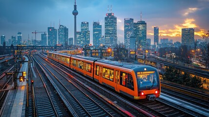 Fototapeta premium Berlin Cityscape: Commuter Train at Sunset