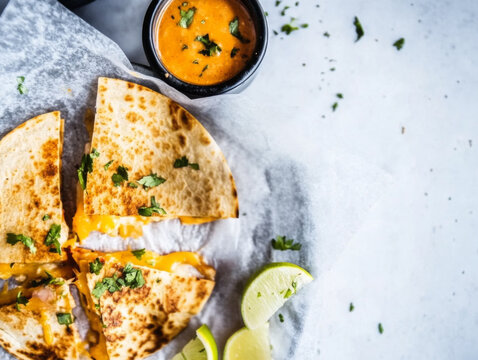 cheese Quesadilla with cilantro and lime garnish