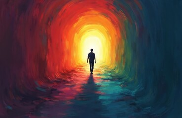 Digital painting of person emerging from dark tunnel into vibrant colors hope, renewal. Artwork conveys themes of mental health recovery, inner peace, journey toward optimism, happiness after