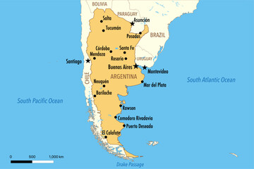 Fototapeta premium Vector Map of Argentina with Major Cities and Neighboring Countries – Editable Illustration