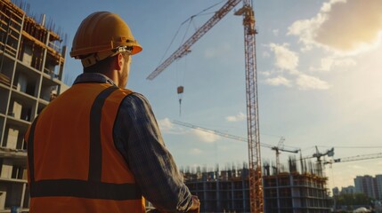A construction worker operating a crane on a building site. Featuring precision and responsibility