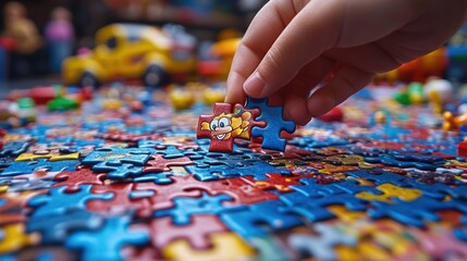 Child's hand placing puzzle pieces onto a large colorful jigsaw puzzle.
