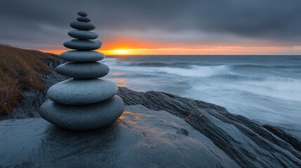 Serene sunset seascape with balanced stones.