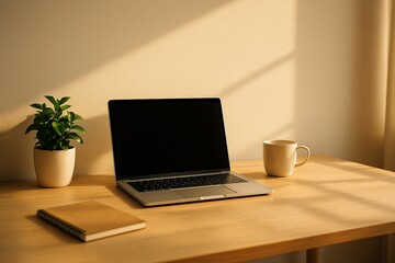 Minimalist home office desk with laptop, notebook, coffee mug and plant in natural sunlight