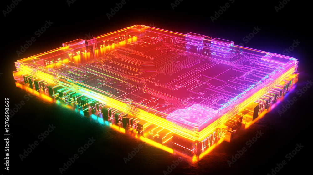 Poster technology circuit board and glowing lines, 3d rendering. 3d illustration.