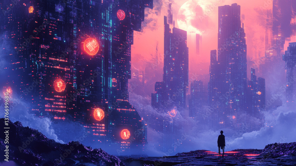 Poster quantum computer. global network technology blockchain. digital world of future. 3d illustration bac
