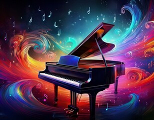 Piano is ready to play and waves of color fill space, its form against radiant glow that surrounds it. Symphony of light and sound. Concept of classical and modern music, entertainment, jazz. Ad. High