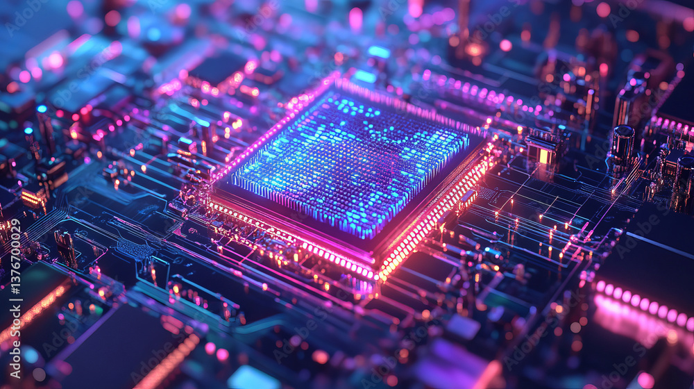 Poster abstract concept of quantum computer. virtual database in cyberspace global network. 3d illustration