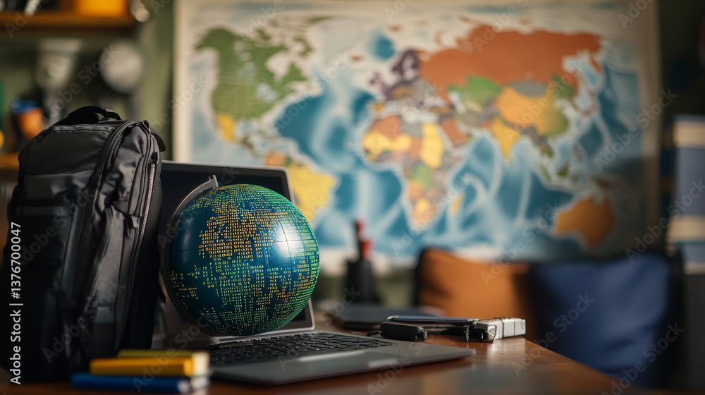Poster close up of workplace with laptop, supplies and creative binary coding globe on blurry background. w
