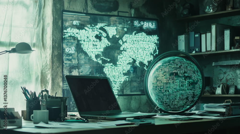 Poster close up of workplace with laptop, supplies and creative binary coding globe on blurry background. w
