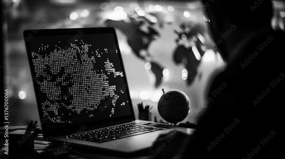 Poster close up of workplace with laptop, supplies and creative binary coding globe on blurry background. w