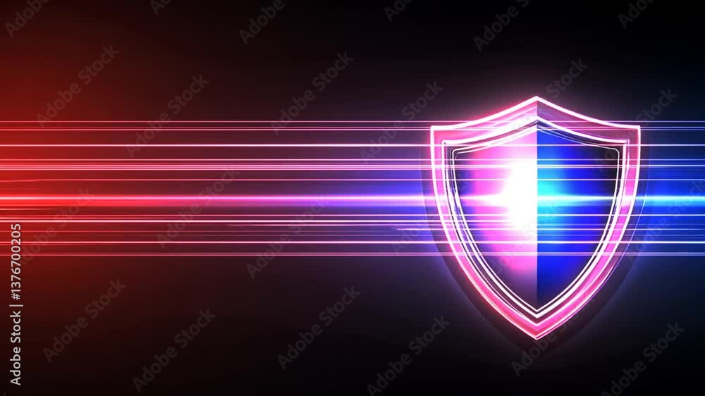 Poster dynamic cybersecurity shield with speed lines, protection abstract visuals motion
