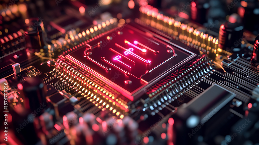 Poster quantum processor innovative concept of computing machines. 3d illustration of streaming data proces