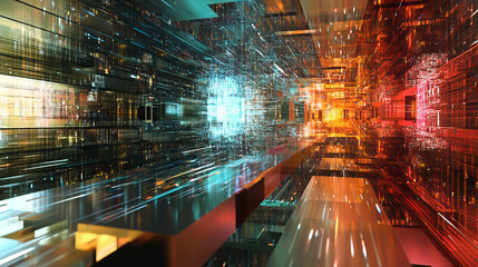 Quantum processor innovative concept of computing machines. 3D illustration of streaming data processed by CPU. Cyber high speed data transmission technology