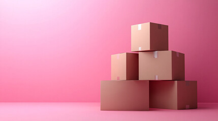 Cardboard boxes stacked against a pink background
