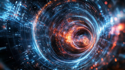 Quantum processor innovative concept of computing machines. 3D illustration of streaming data processed by CPU. Cyber high speed data transmission technology