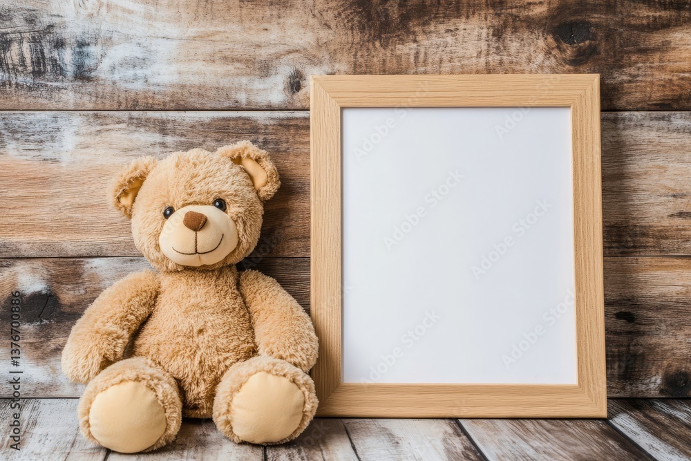 Poster a mockup of a square nursery art frame sits on a shelf in a child's room, featuring an empty wooden 
