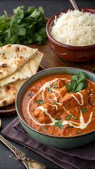A steaming bowl of deep red butter chicken curry with creamy sauce, garnished with fresh cilantro. Soft, charred naan bread is placed on the side, with a small bowl of aromatic basmati rice